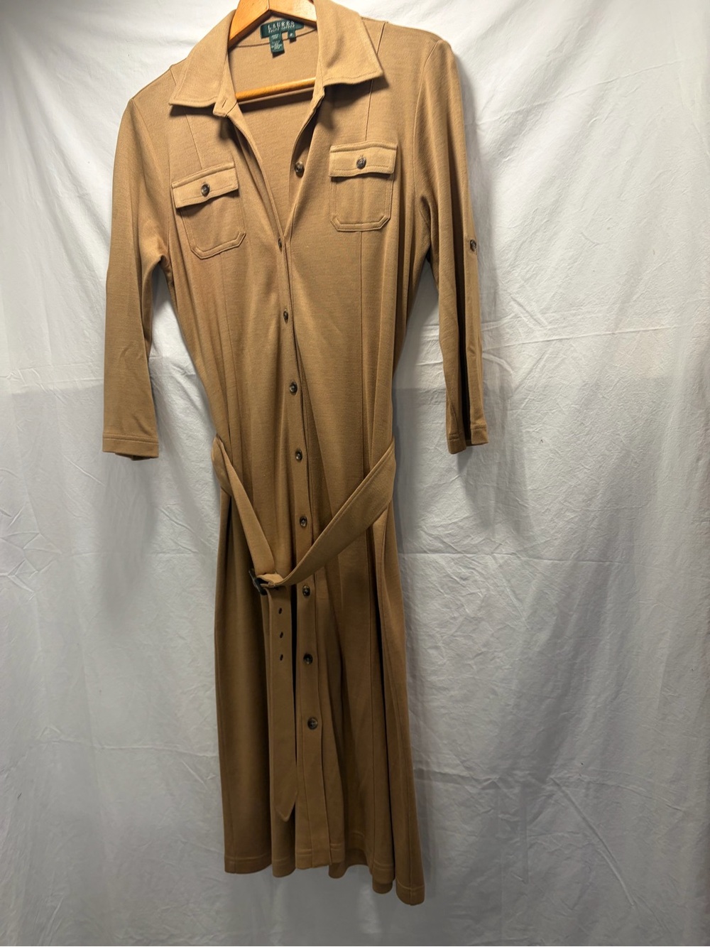 Lauren Ralph Lauren Tan Button-Front Silk blend Belted Shirt Dress - Picture 2 of 13